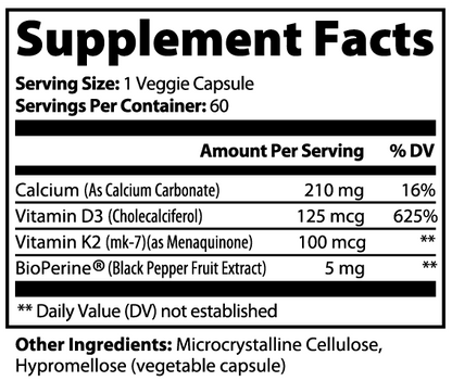 Supplement facts label with detailed nutritional information for vitamin K2+D3 on a white background