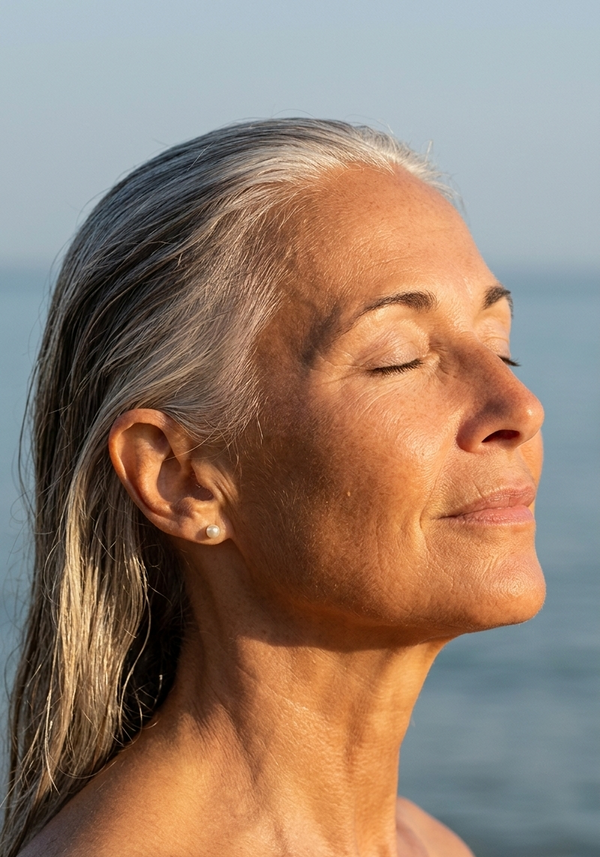 Woman with closed eyes standing by a body of water, possibly ocean or sea.